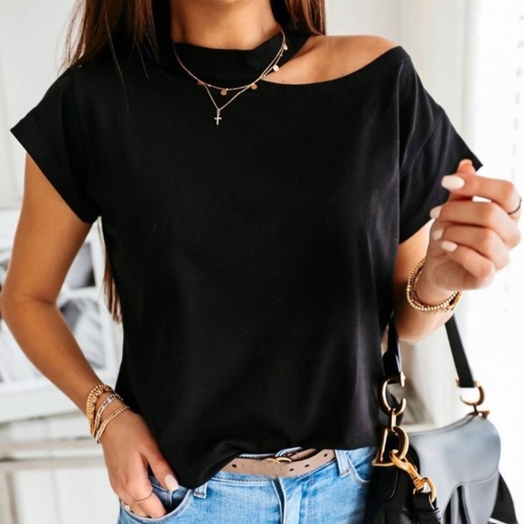 Tops - NEW One Shoulder Short Sleeved Tee--Black